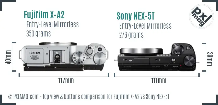 Fujifilm X-A2 vs Sony NEX-5T top view buttons comparison