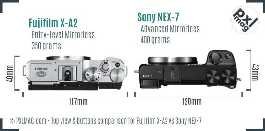 Fujifilm X-A2 vs Sony NEX-7 top view buttons comparison
