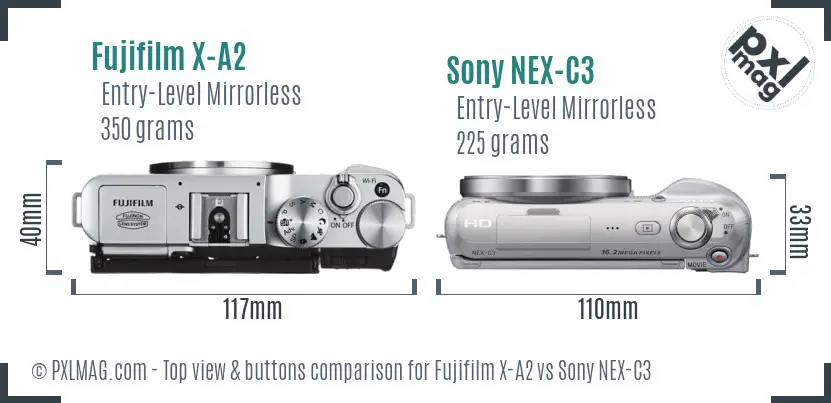 Fujifilm X-A2 vs Sony NEX-C3 top view buttons comparison