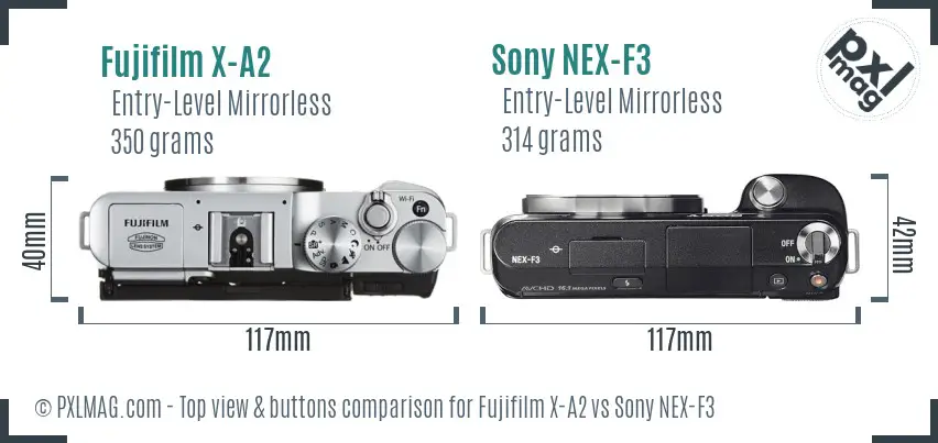 Fujifilm X-A2 vs Sony NEX-F3 top view buttons comparison