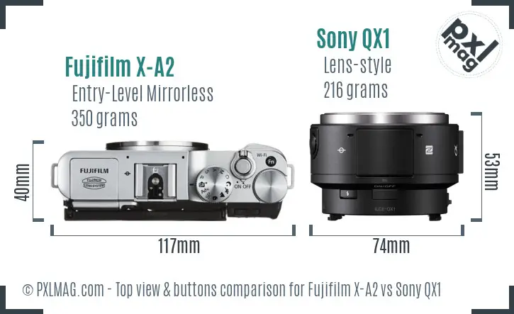 Fujifilm X-A2 vs Sony QX1 top view buttons comparison