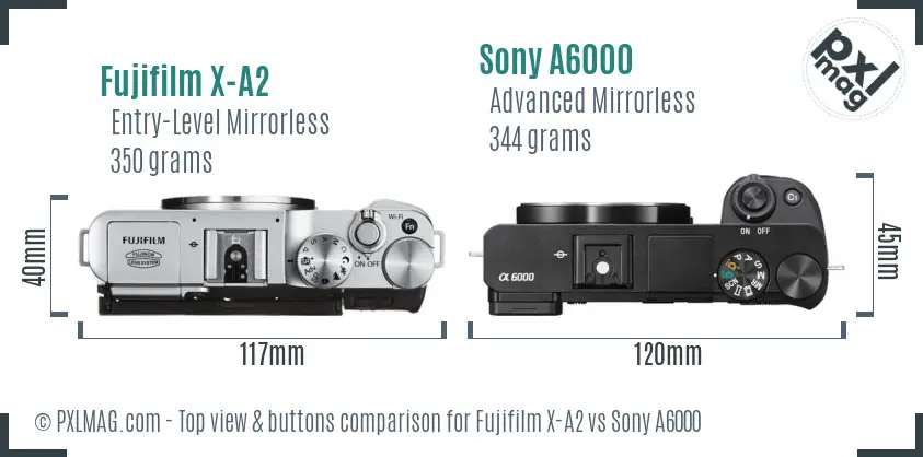Fujifilm X-A2 vs Sony A6000 top view buttons comparison