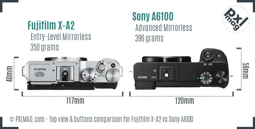 Fujifilm X-A2 vs Sony A6100 top view buttons comparison