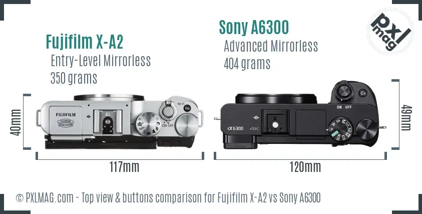 Fujifilm X-A2 vs Sony A6300 top view buttons comparison