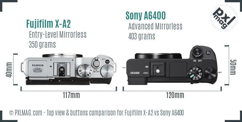 Fujifilm X-A2 vs Sony A6400 top view buttons comparison