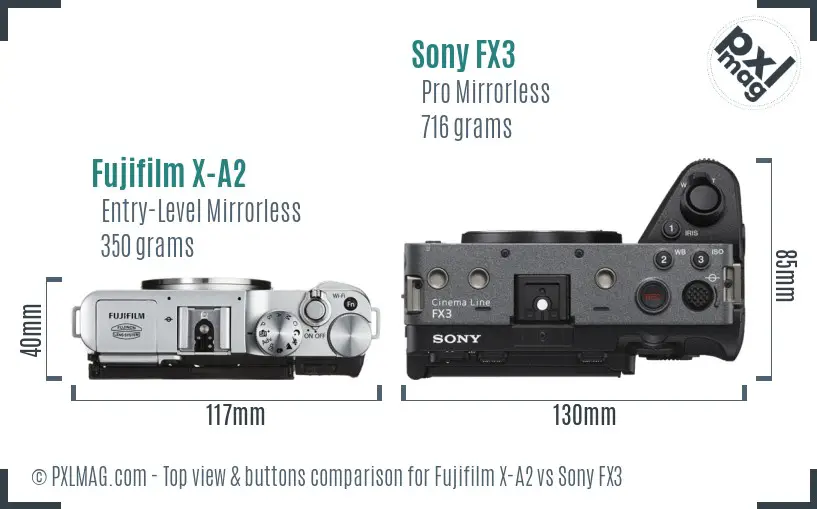 Fujifilm X-A2 vs Sony FX3 top view buttons comparison