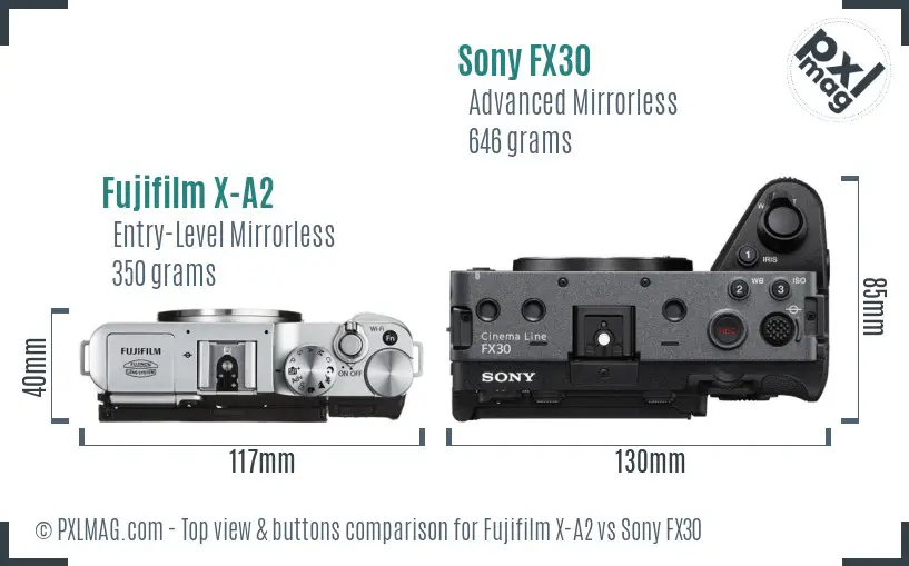 Fujifilm X-A2 vs Sony FX30 top view buttons comparison Fujifilm X-A2 vs Sony FX30 top view buttons comparison