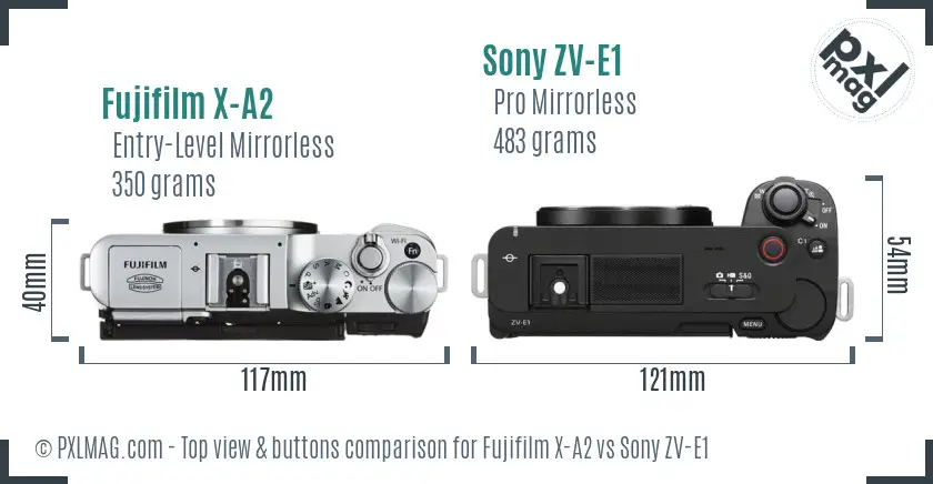 Fujifilm X-A2 vs Sony ZV-E1 top view buttons comparison