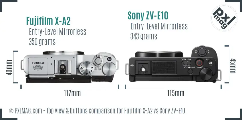 Fujifilm X-A2 vs Sony ZV-E10 top view buttons comparison