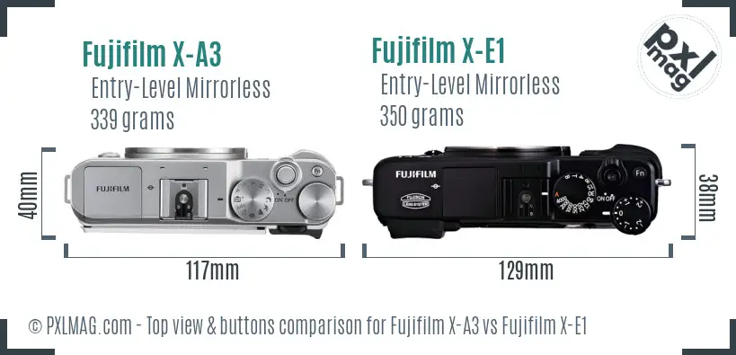 Fujifilm X-A3 vs Fujifilm X-E1 top view buttons comparison