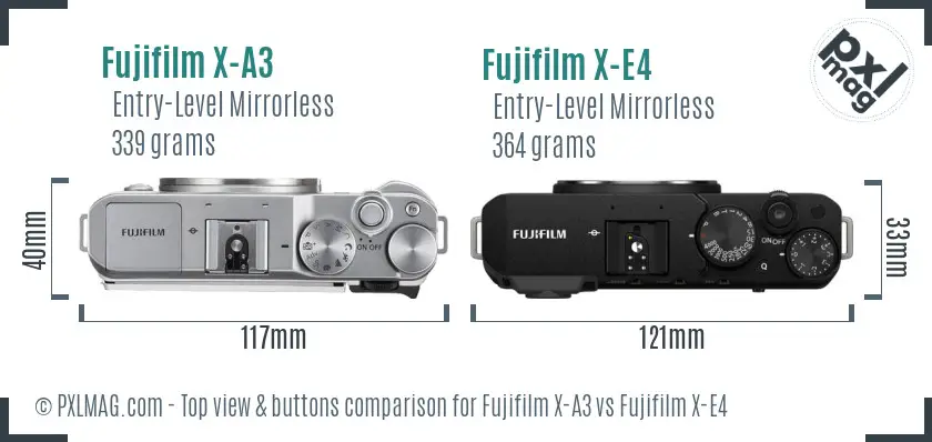 Fujifilm X-A3 vs Fujifilm X-E4 top view buttons comparison