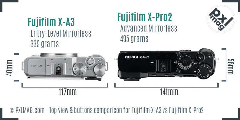 Fujifilm X-A3 vs Fujifilm X-Pro2 top view buttons comparison