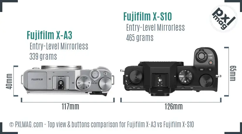 Fujifilm X-A3 vs Fujifilm X-S10 top view buttons comparison