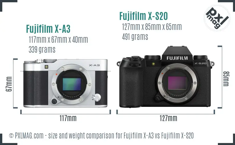 Fujifilm X-A3 vs Fujifilm X-S20 size comparison