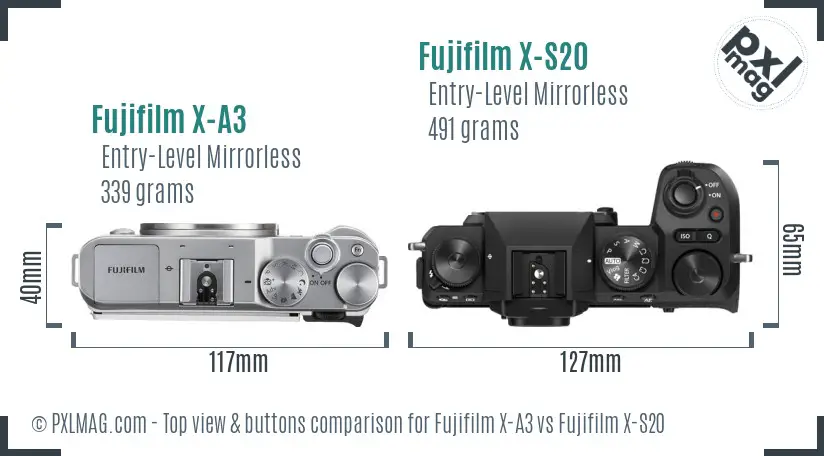 Fujifilm X-A3 vs Fujifilm X-S20 top view buttons comparison