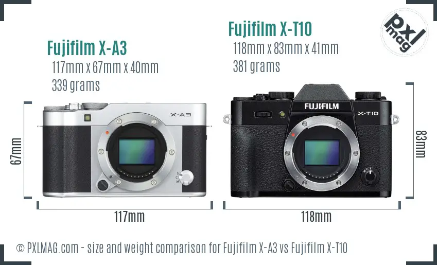 Fujifilm X-A3 vs Fujifilm X-T10 size comparison
