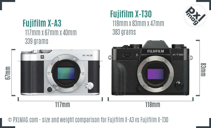 Fujifilm X-A3 vs Fujifilm X-T30 size comparison