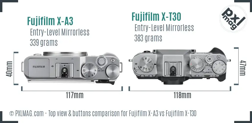 Fujifilm X-A3 vs Fujifilm X-T30 top view buttons comparison