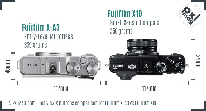 Fujifilm X-A3 vs Fujifilm X10 top view buttons comparison Fujifilm X-A3 vs Fujifilm X10 top view buttons comparison