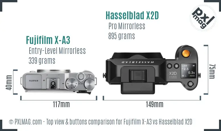 Fujifilm X-A3 vs Hasselblad X2D top view buttons comparison