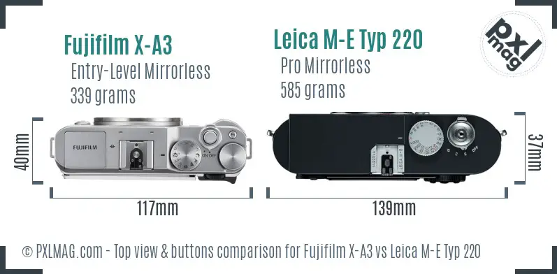 Fujifilm X-A3 vs Leica M-E Typ 220 top view buttons comparison