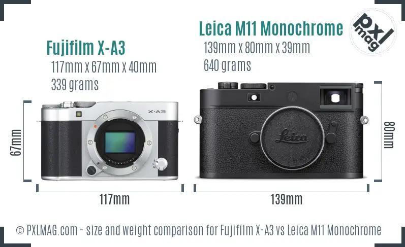 Fujifilm X-A3 vs Leica M11 Monochrome size comparison