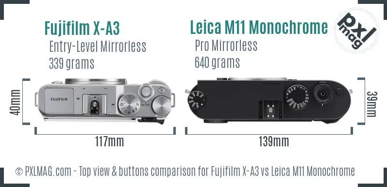 Fujifilm X-A3 vs Leica M11 Monochrome top view buttons comparison