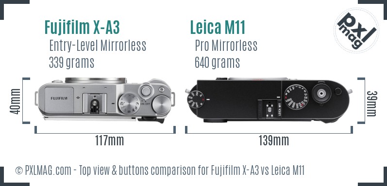 Fujifilm X-A3 vs Leica M11 top view buttons comparison