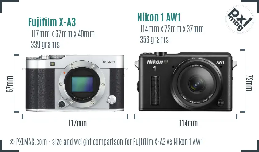 Fujifilm X-A3 vs Nikon 1 AW1 size comparison