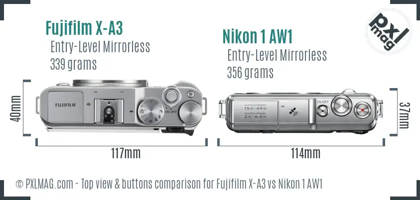 Fujifilm X-A3 vs Nikon 1 AW1 top view buttons comparison