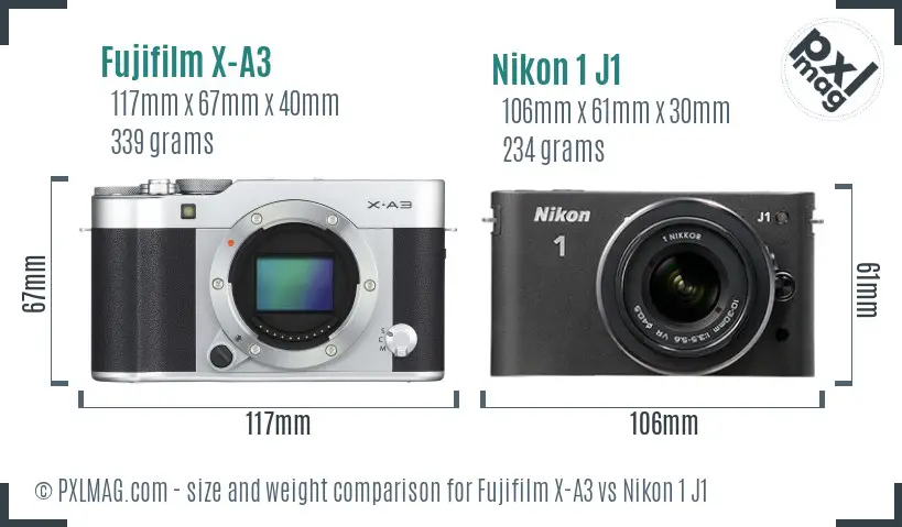 Fujifilm X-A3 vs Nikon 1 J1 size comparison