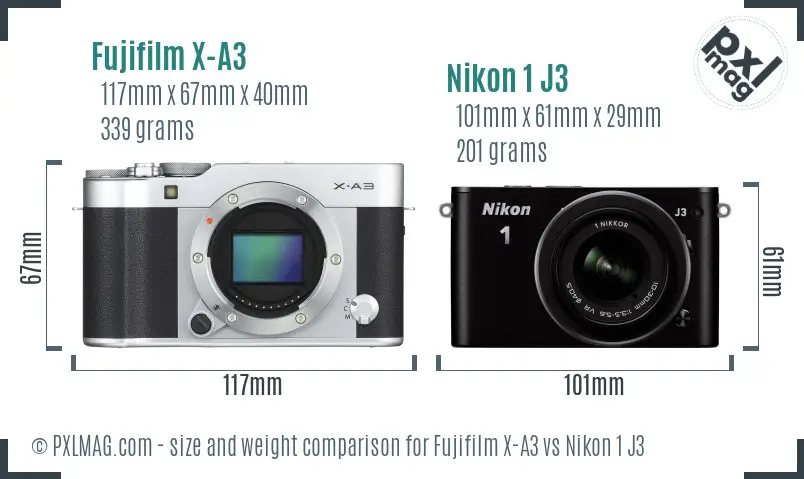 Fujifilm X-A3 vs Nikon 1 J3 size comparison