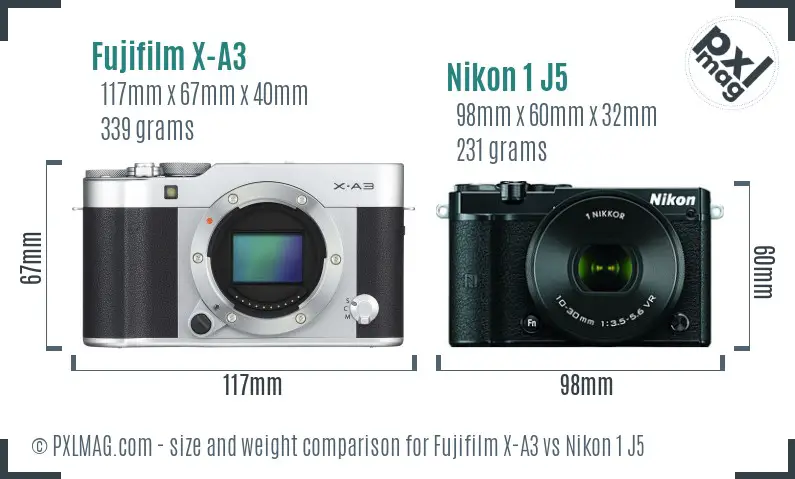 Fujifilm X-A3 vs Nikon 1 J5 size comparison