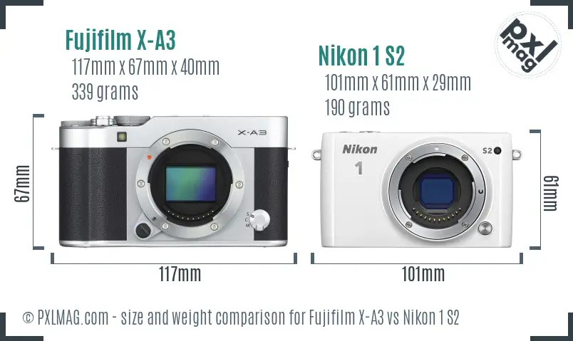Fujifilm X-A3 vs Nikon 1 S2 size comparison