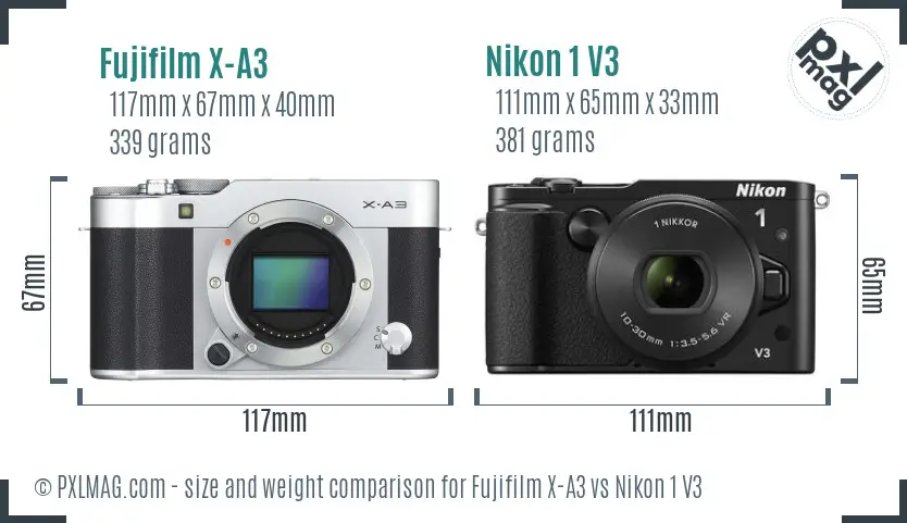 Fujifilm X-A3 vs Nikon 1 V3 size comparison