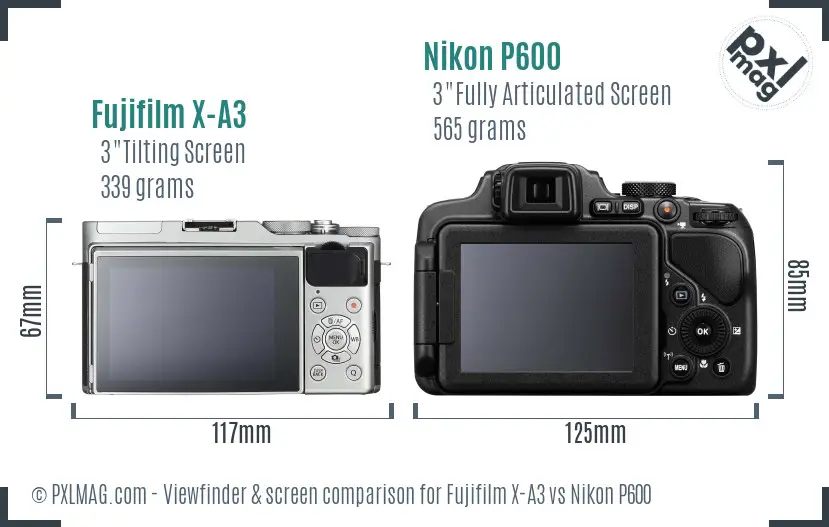 Fujifilm X-A3 vs Nikon P600 Screen and Viewfinder comparison