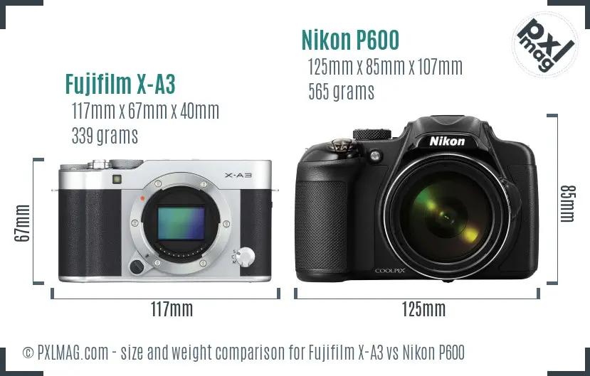 Fujifilm X-A3 vs Nikon P600 size comparison