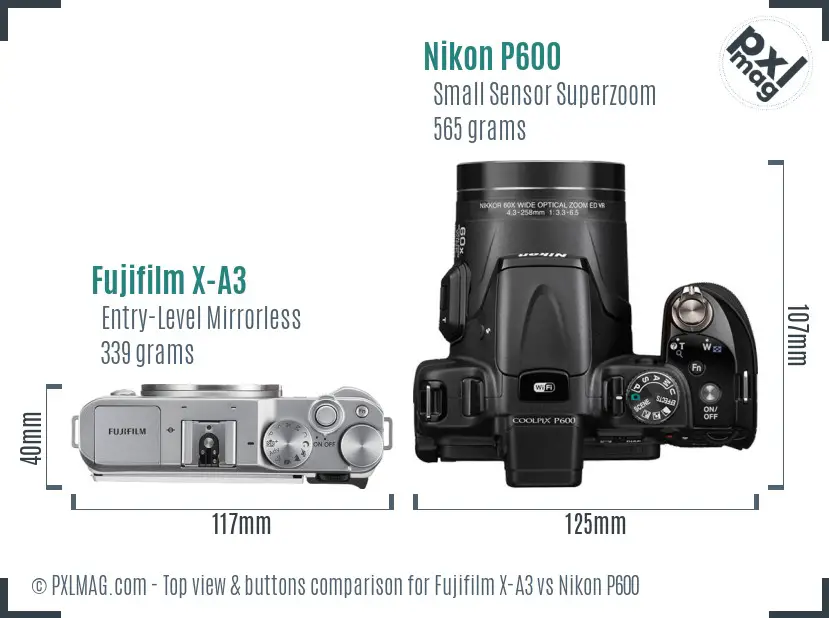 Fujifilm X-A3 vs Nikon P600 top view buttons comparison