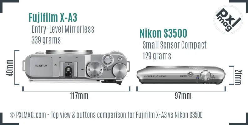 Fujifilm X-A3 vs Nikon S3500 top view buttons comparison
