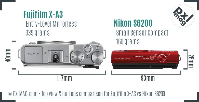 Fujifilm X-A3 vs Nikon S6200 top view buttons comparison