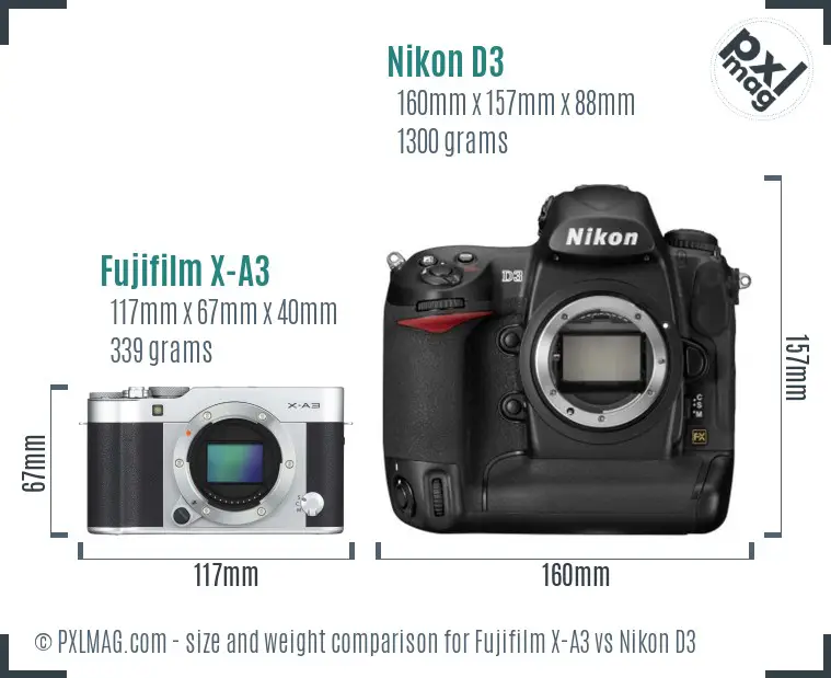 Fujifilm X-A3 vs Nikon D3 size comparison
