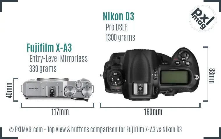 Fujifilm X-A3 vs Nikon D3 top view buttons comparison