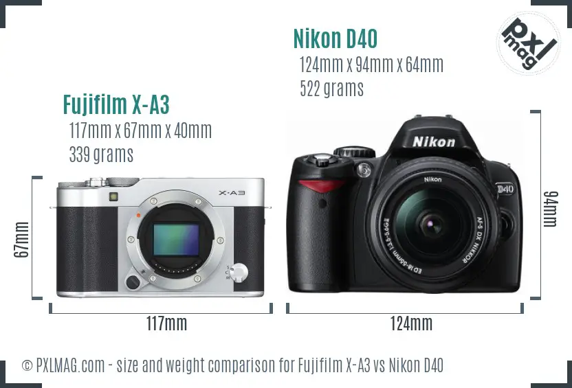 Fujifilm X-A3 vs Nikon D40 size comparison