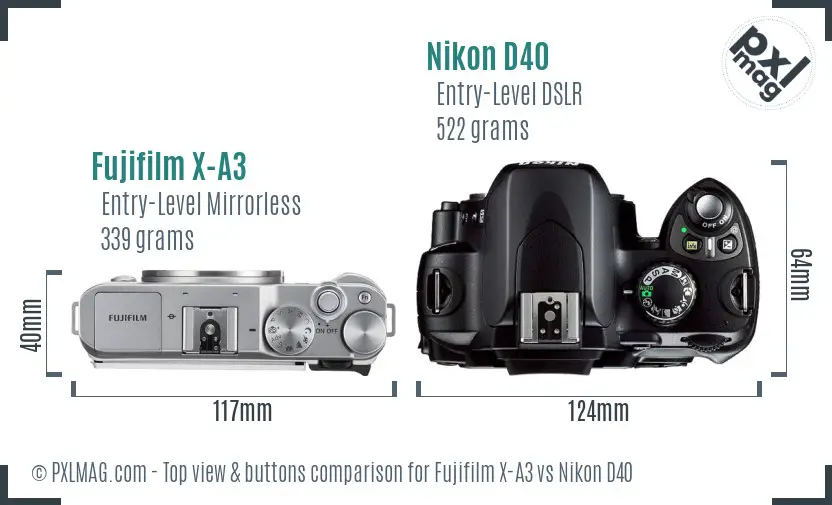 Fujifilm X-A3 vs Nikon D40 top view buttons comparison
