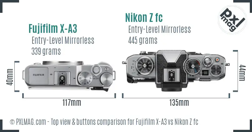 Fujifilm X-A3 vs Nikon Z fc top view buttons comparison Fujifilm X-A3 vs Nikon Z fc top view buttons comparison