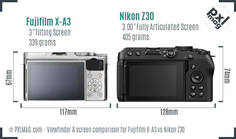 Fujifilm X-A3 vs Nikon Z30 Screen and Viewfinder comparison