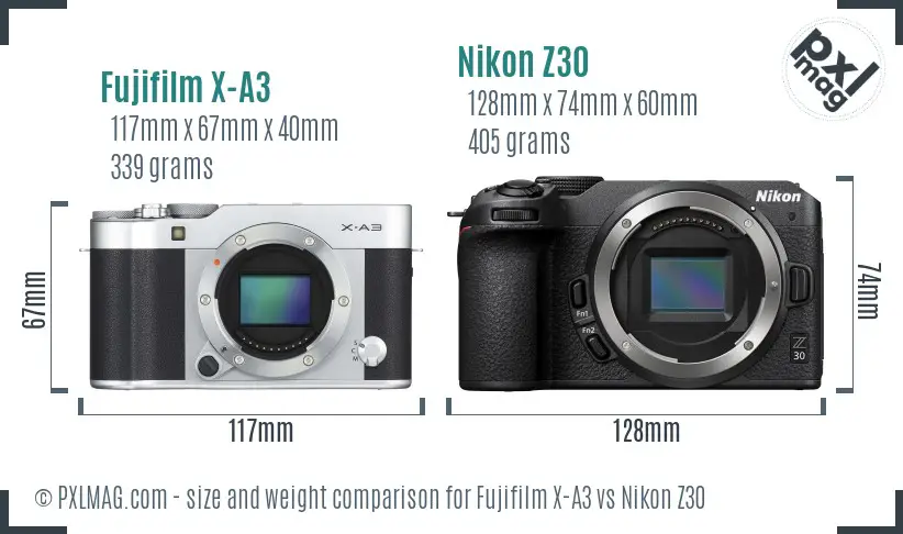 Fujifilm X-A3 vs Nikon Z30 size comparison