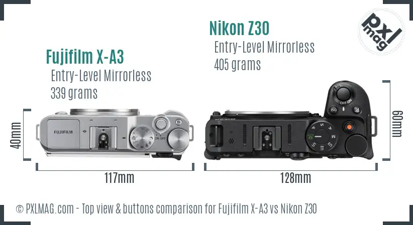 Fujifilm X-A3 vs Nikon Z30 top view buttons comparison