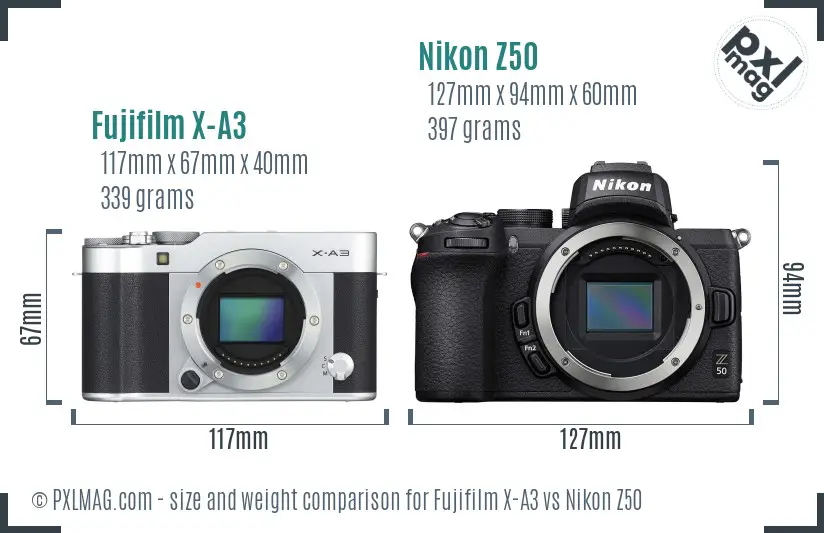 Fujifilm X-A3 vs Nikon Z50 size comparison