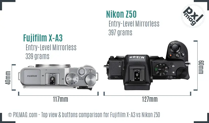 Fujifilm X-A3 vs Nikon Z50 top view buttons comparison